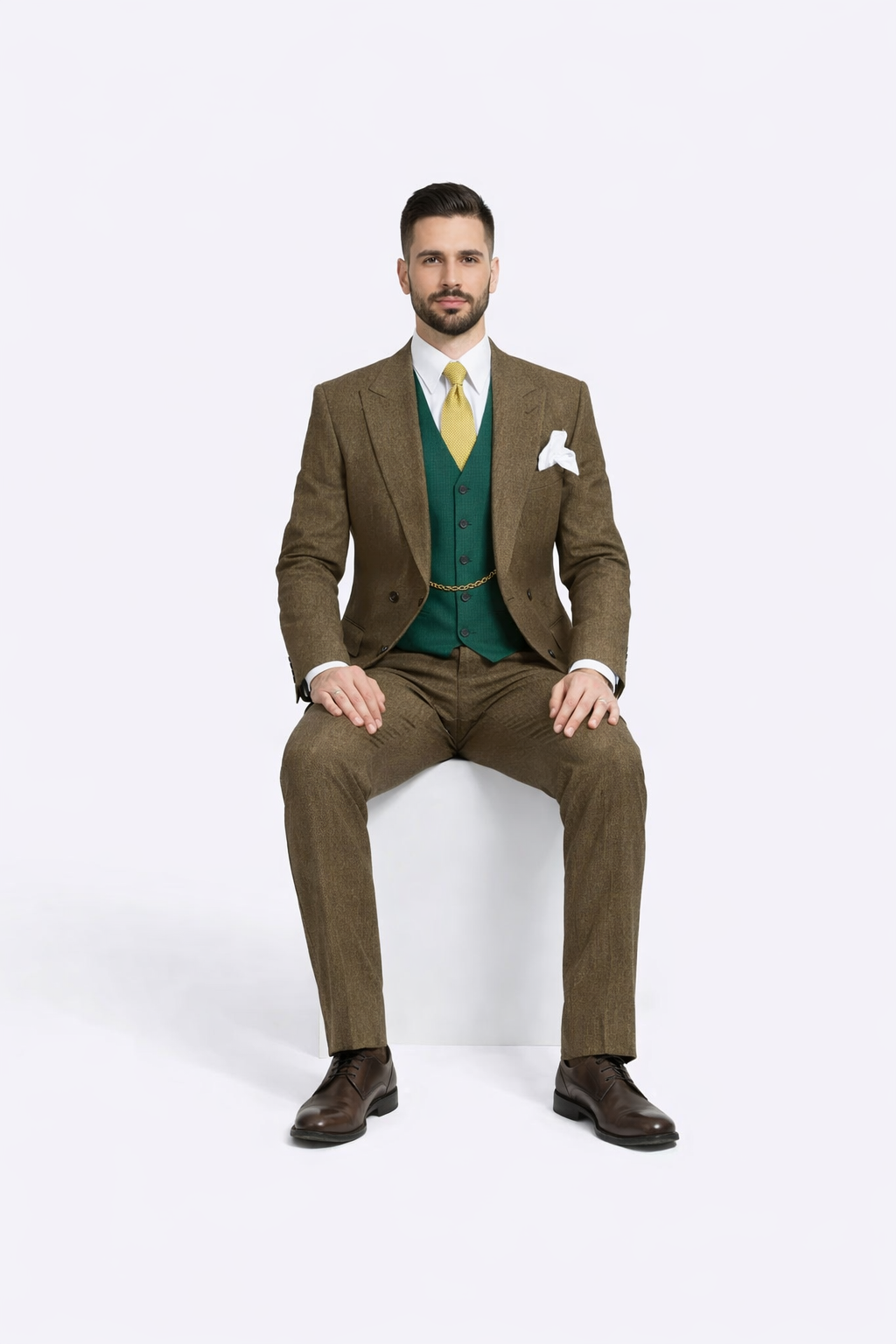 Al Capone Outfit for Men Brown Double Breasted Suit $179 + Hunter Green Vest $59 - Image 4