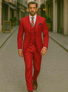 Mens All Season Suit Brand 3 Piece Vest Designer Classic Dress 2 Button Trendy Red Suit