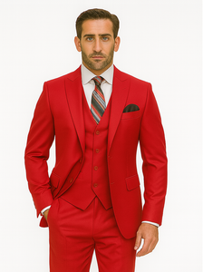 Mens All Season Suit Brand 3 Piece Vest Designer Classic Dress 2 Button Trendy Red Suit
