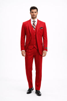 Mens All Season Suit Brand 3 Piece Vest Designer Classic Dress 2 Button Trendy Red Suit