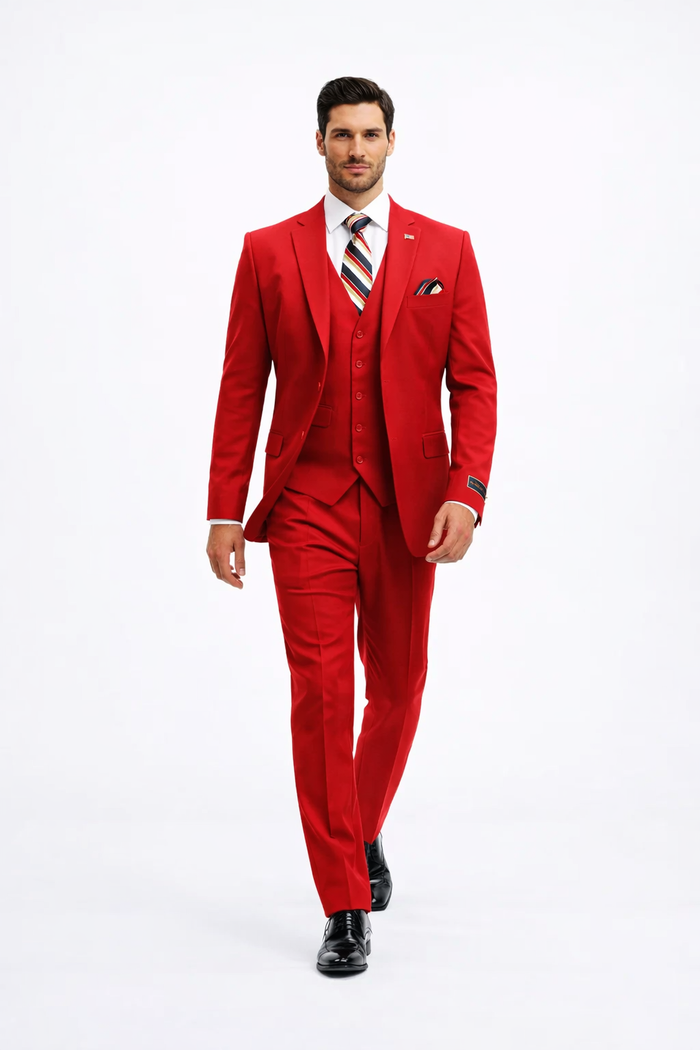 Mens All Season Suit Brand 3 Piece Vest Designer Classic Dress 2 Button Trendy Red Suit - Image 3