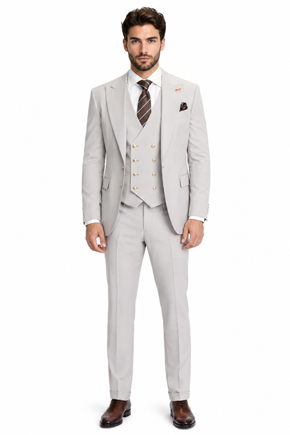 Men's Ash Statement Ticket Pocket Peak Lapel Wool Double Breasted Vest Suit with Gold Buttons – Modern Fit