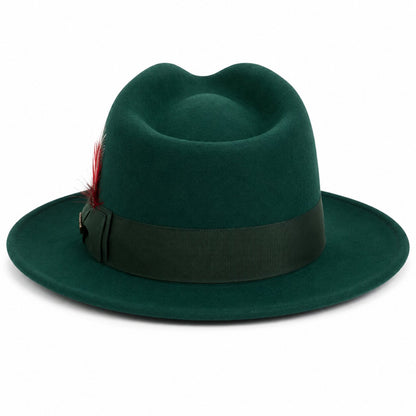 Gangster 100% Australian Wool Crushable Mens Fedora Hat - Removable Feather Gangster  Hunter Green Mens Fedora Hat
