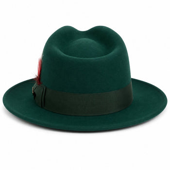 Gangster 100% Australian Wool Crushable Mens Fedora Hat - Removable Feather Gangster  Hunter Green Mens Fedora Hat