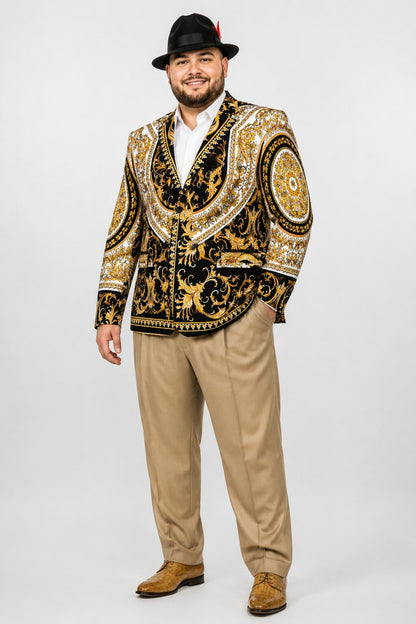 Men’s Black and Gold Baroque Blazer with Matching Pants, Hat, and Shoes – Luxury Party and Wedding Outfit Set