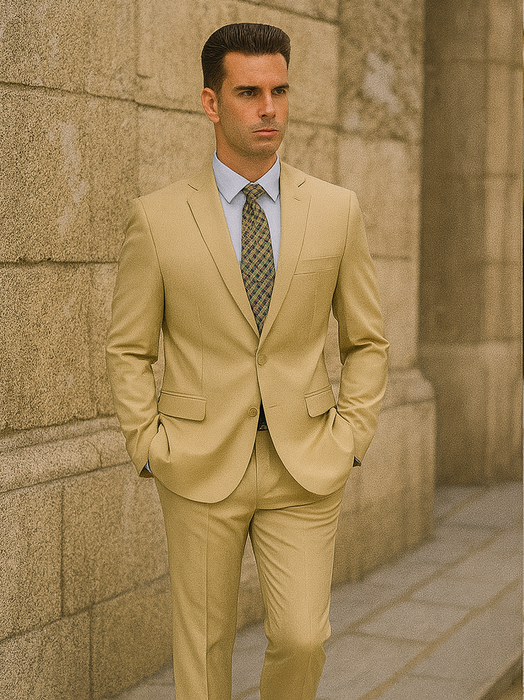 Mens Basic 2 Button Classic Fit Poplin Suit in Beige