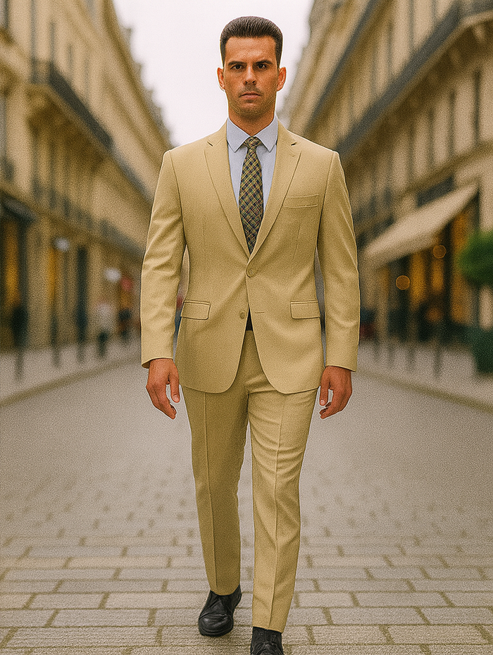 Mens Basic 2 Button Classic Fit Poplin Suit in Beige - Image 4