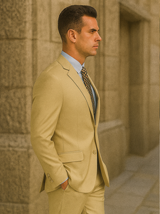 Mens Basic 2 Button Classic Fit Poplin Suit in Beige