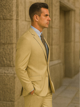 Mens Basic 2 Button Classic Fit Poplin Suit in Beige - Image 5