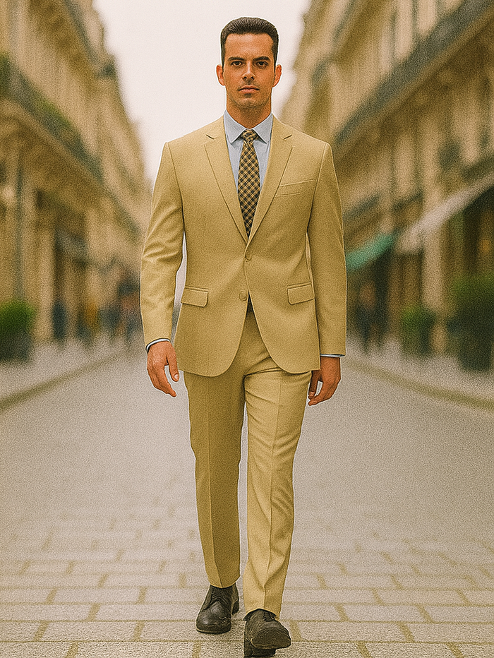 Mens Basic 2 Button Classic Fit Poplin Suit in Beige - Image 6