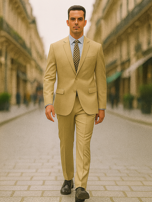 Mens Basic 2 Button Classic Fit Poplin Suit in Beige