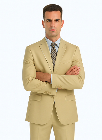 Mens Basic 2 Button Classic Fit Poplin Suit in Beige - Image 7