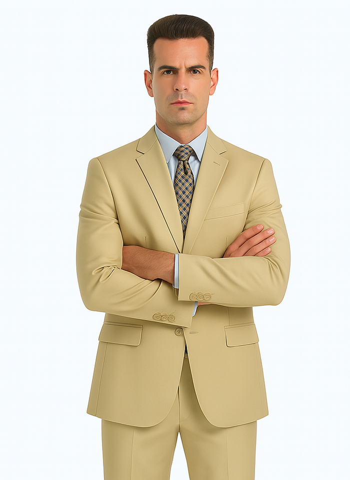 Mens Basic 2 Button Classic Fit Poplin Suit in Beige - Image 7