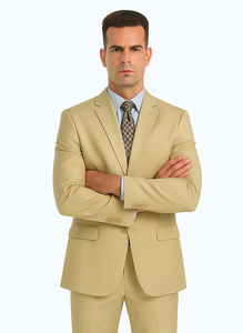 Mens Basic 2 Button Classic Fit Poplin Suit in Beige