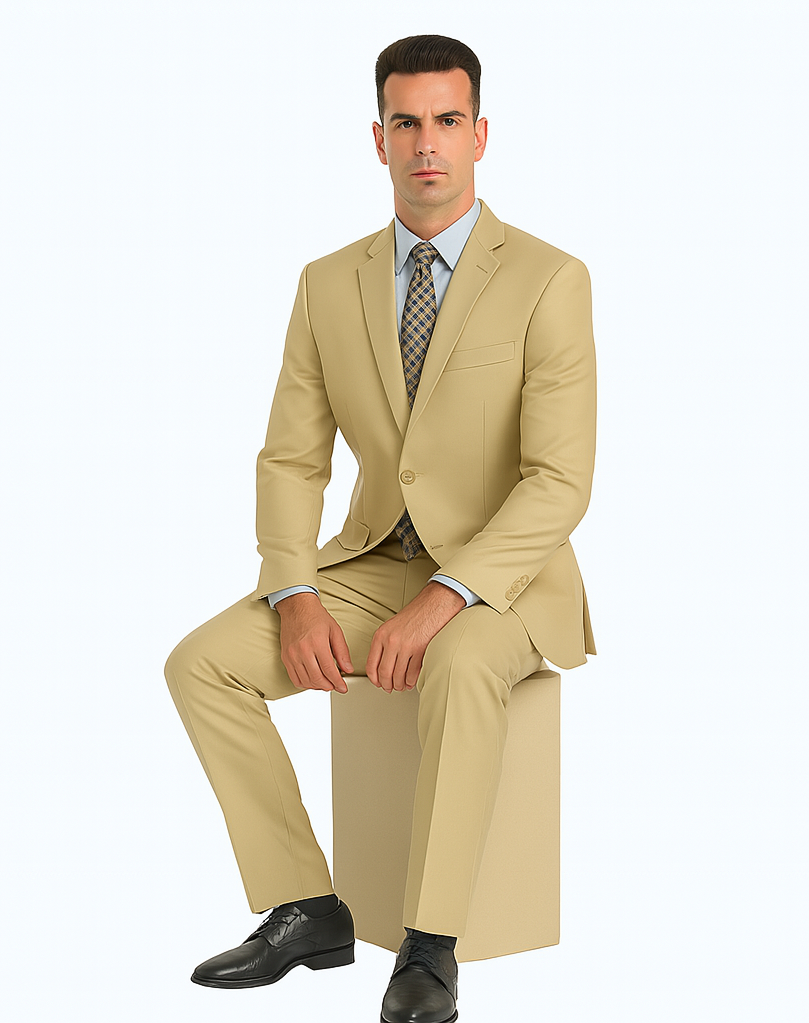 Mens Basic 2 Button Classic Fit Poplin Suit in Beige - Image 8