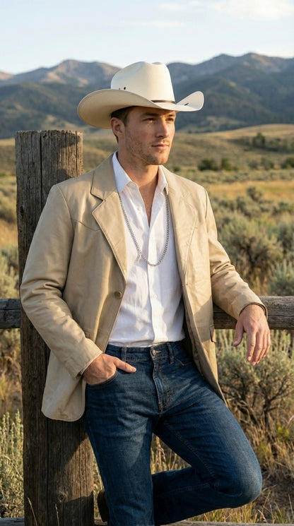 Mens Beige Sand Bone Real Leather Cowboy Western Blazer – Classic Western Style Leather Jacket Casual Formal Ranch Coat for Men