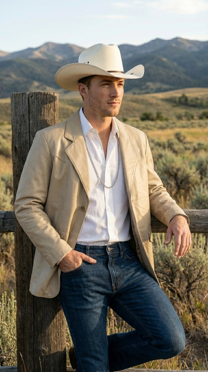 Mens Beige Sand Bone Real Leather Cowboy Western Blazer – Classic Western Style Leather Jacket Casual Formal Ranch Coat for Men