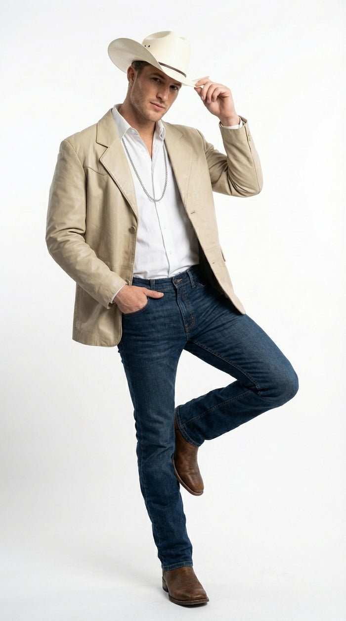 Mens Beige Sand Bone Real Leather Cowboy Western Blazer – Classic Western Style Leather Jacket Casual Formal Ranch Coat for Men