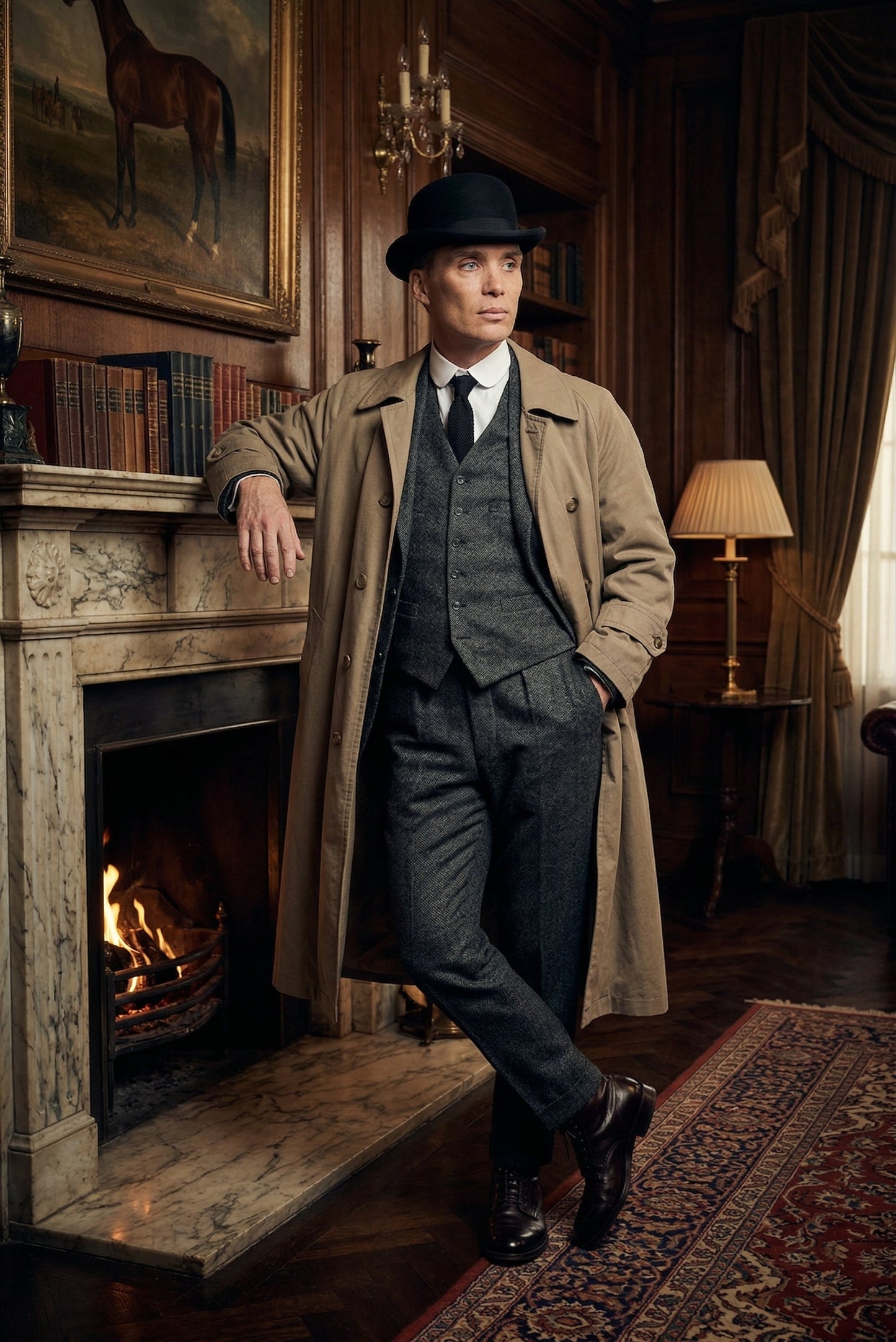 Mens Beige Vintage Style Trenchcoat Overcoat + Suit + Hat – Classic Long Trench Coat Inspired by Peaky Blinders Formal 1920s Package