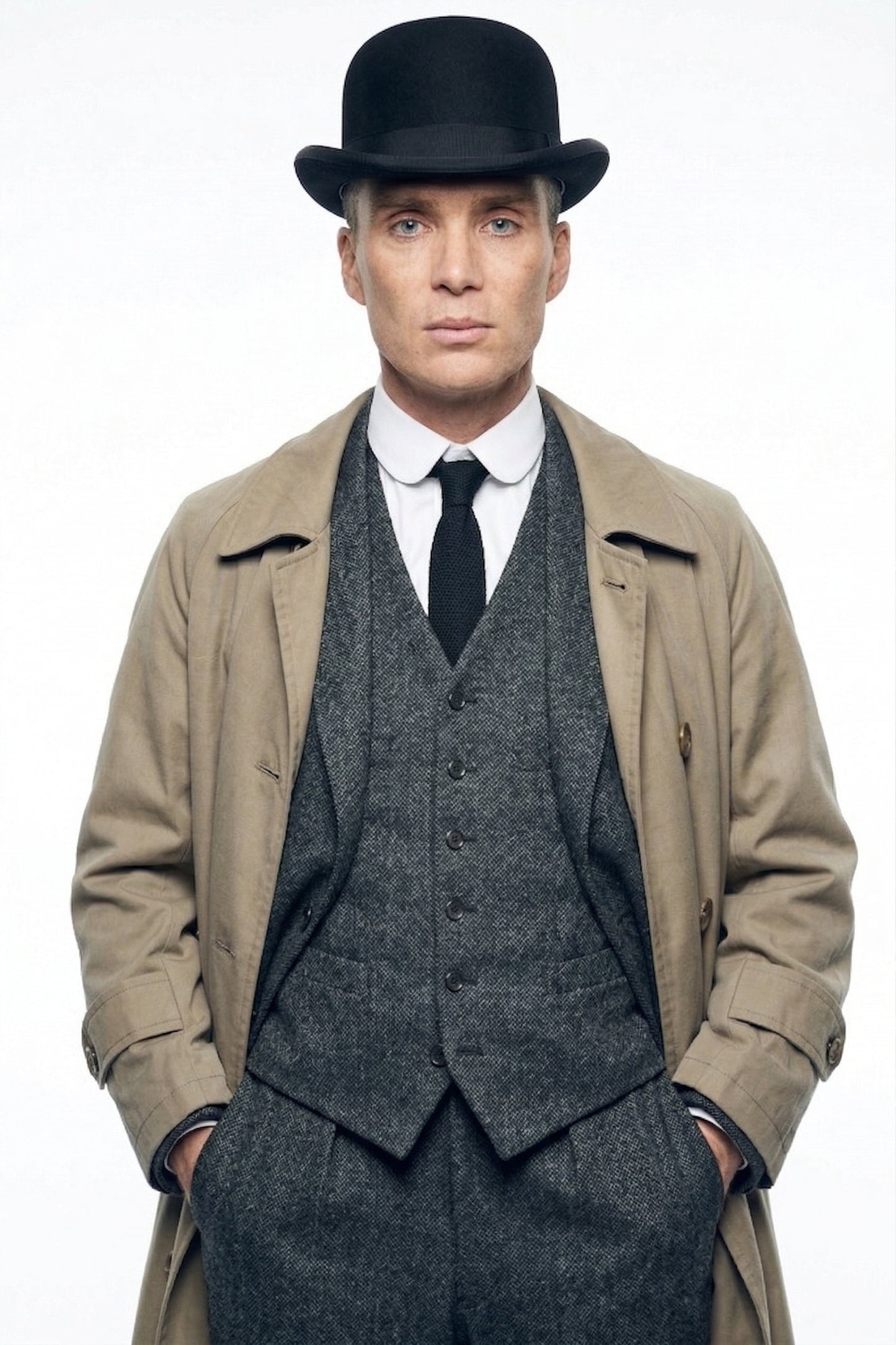 Mens Beige Vintage Style Trenchcoat Overcoat + Suit + Hat – Classic Long Trench Coat Inspired by Peaky Blinders Formal 1920s Package