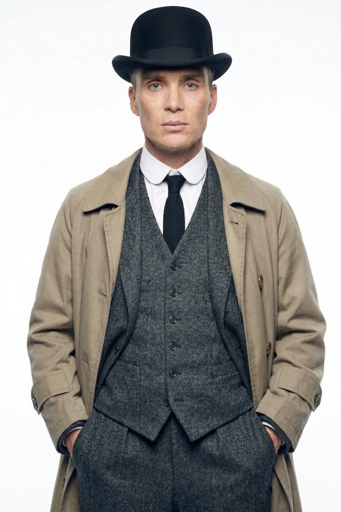 Mens Beige Vintage Style Trenchcoat Overcoat + Suit + Hat – Classic Long Trench Coat Inspired by Peaky Blinders Formal 1920s Package