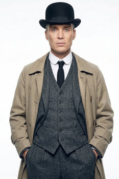 Mens Beige Vintage Style Trenchcoat Overcoat + Suit + Hat – Classic Long Trench Coat Inspired by Peaky Blinders Formal 1920s Package