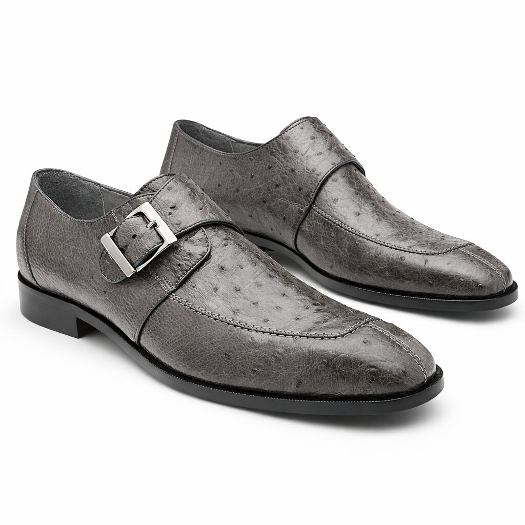 Belvedere Men's Shoes Gray Ostrich Side Buckle Strap Josh 114011