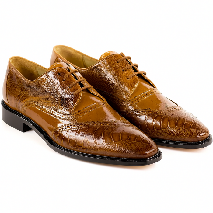 Men's Belvedere Nino Slanted Wingtip Ostrich Leg & Eel Dress Shoe – Antique Camel