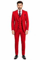 Men's Berry Statement Ticket Pocket Peak Lapel Wool Double Breasted Vest Suit with Gold Buttons – Modern Fit