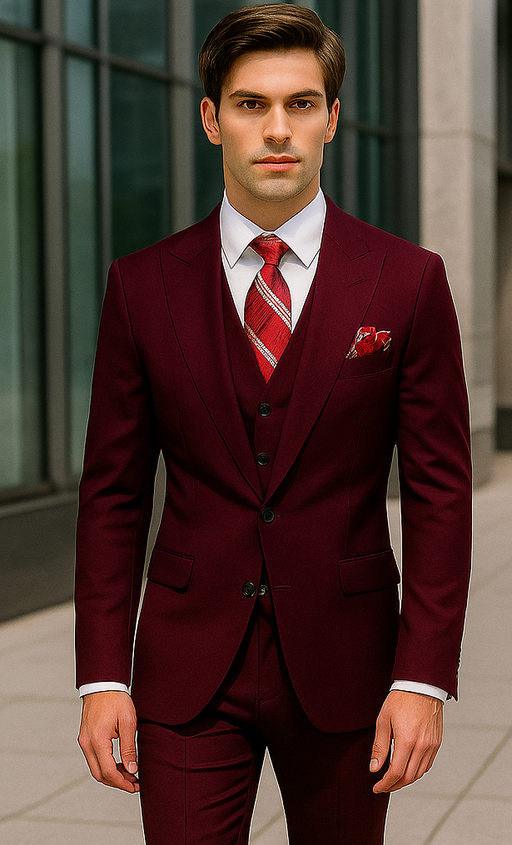 Mens Big and Tall Size Suits - Plus Size Mens Dark Burgundy Suit - Peak Lapel Ticket Pocket