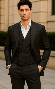 Mens Big and Tall Size Suits - Plus Size Mens Solid Black Suit - Peak Lapel Ticket Pocket