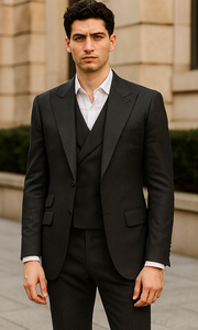 Mens Big and Tall Size Suits - Plus Size Mens Solid Black Suit - Peak Lapel Ticket Pocket