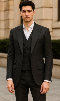 Mens Big and Tall Size Suits - Plus Size Mens Solid Black Suit - Peak Lapel Ticket Pocket