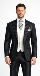 Men'S Black 2 Buttons Chalk Bold Stripe ~ Pinstripes Double Breasted Shawl Collar 1920'S 30'S Fashion Vintage Pattern No Vest Included Suit