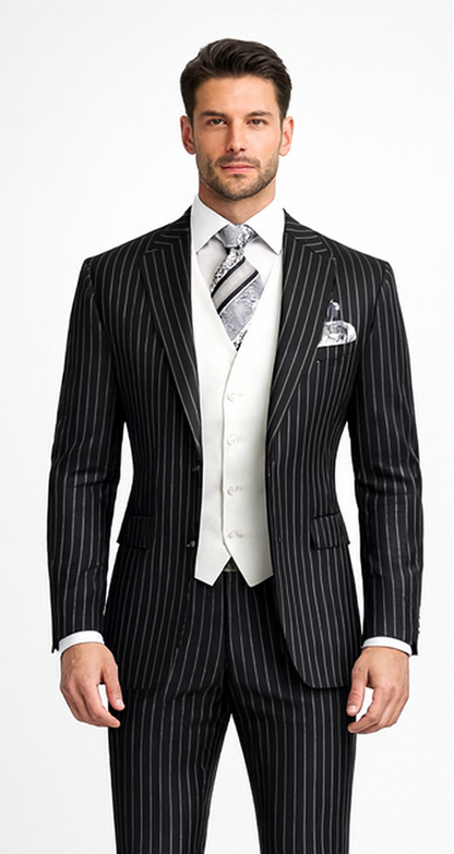 Men'S Black 2 Buttons Chalk Bold Stripe ~ Pinstripes Double Breasted Shawl Collar 1920'S 30'S Fashion Vintage Pattern No Vest Included Suit