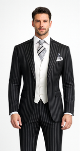 Men'S Black 2 Buttons Chalk Bold Stripe ~ Pinstripes Double Breasted Shawl Collar 1920'S 30'S Fashion Vintage Pattern No Vest Included Suit