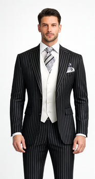 Men'S Black 2 Buttons Chalk Bold Stripe ~ Pinstripes Double Breasted Shawl Collar 1920'S 30'S Fashion Vintage Pattern No Vest Included Suit
