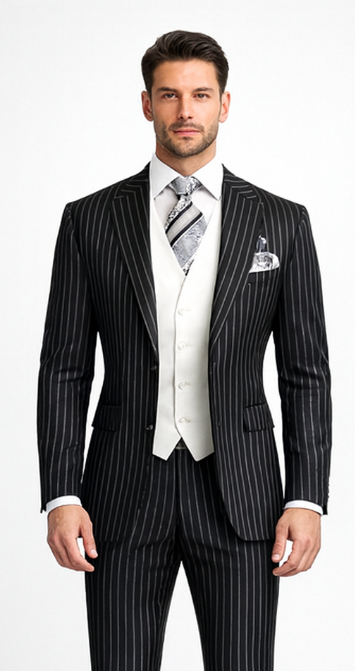 Men'S Black 2 Buttons Chalk Bold Stripe ~ Pinstripes Double Breasted Shawl Collar 1920'S 30'S Fashion Vintage Pattern No Vest Included Suit