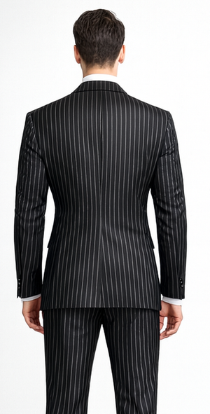 Men'S Black 2 Buttons Chalk Bold Stripe ~ Pinstripes Double Breasted Shawl Collar 1920'S 30'S Fashion Vintage Pattern No Vest Included Suit - Image 2