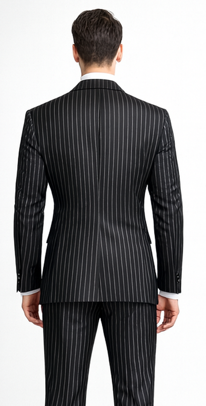 Men'S Black 2 Buttons Chalk Bold Stripe ~ Pinstripes Double Breasted Shawl Collar 1920'S 30'S Fashion Vintage Pattern No Vest Included Suit - Image 2