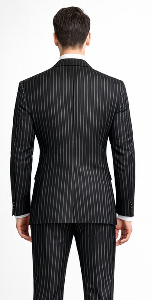 Men'S Black 2 Buttons Chalk Bold Stripe ~ Pinstripes Double Breasted Shawl Collar 1920'S 30'S Fashion Vintage Pattern No Vest Included Suit - Image 2