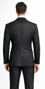 Men'S Black 2 Buttons Chalk Bold Stripe ~ Pinstripes Double Breasted Shawl Collar 1920'S 30'S Fashion Vintage Pattern No Vest Included Suit