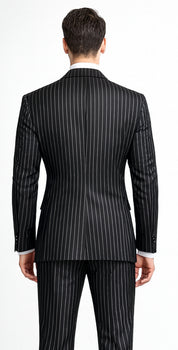 Men'S Black 2 Buttons Chalk Bold Stripe ~ Pinstripes Double Breasted Shawl Collar 1920'S 30'S Fashion Vintage Pattern No Vest Included Suit - Image 2