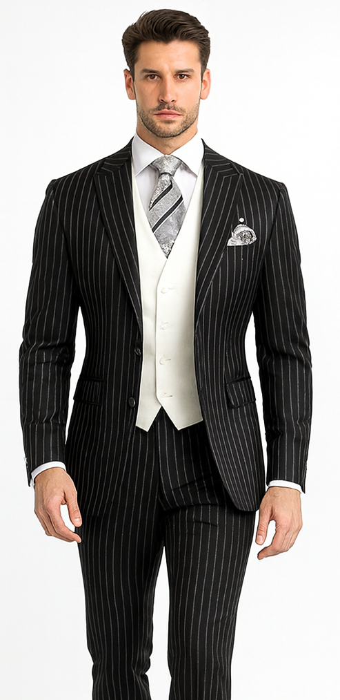 Men'S Black 2 Buttons Chalk Bold Stripe ~ Pinstripes Double Breasted Shawl Collar 1920'S 30'S Fashion Vintage Pattern No Vest Included Suit - Image 3