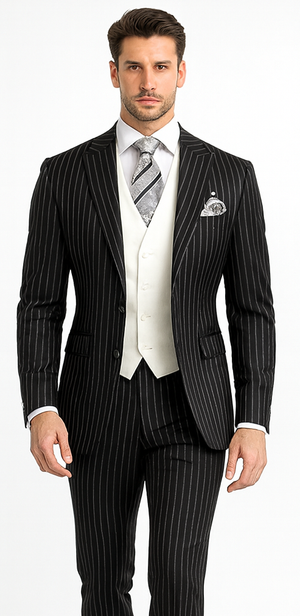 Men'S Black 2 Buttons Chalk Bold Stripe ~ Pinstripes Double Breasted Shawl Collar 1920'S 30'S Fashion Vintage Pattern No Vest Included Suit - Image 3