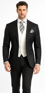 Men'S Black 2 Buttons Chalk Bold Stripe ~ Pinstripes Double Breasted Shawl Collar 1920'S 30'S Fashion Vintage Pattern No Vest Included Suit