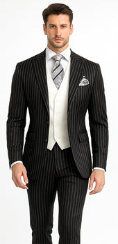 Men'S Black 2 Buttons Chalk Bold Stripe ~ Pinstripes Double Breasted Shawl Collar 1920'S 30'S Fashion Vintage Pattern No Vest Included Suit - Image 3