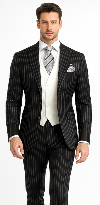 Men'S Black 2 Buttons Chalk Bold Stripe ~ Pinstripes Double Breasted Shawl Collar 1920'S 30'S Fashion Vintage Pattern No Vest Included Suit