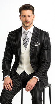 Men'S Black 2 Buttons Chalk Bold Stripe ~ Pinstripes Double Breasted Shawl Collar 1920'S 30'S Fashion Vintage Pattern No Vest Included Suit - Image 4