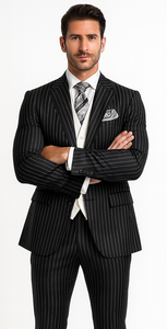 Men'S Black 2 Buttons Chalk Bold Stripe ~ Pinstripes Double Breasted Shawl Collar 1920'S 30'S Fashion Vintage Pattern No Vest Included Suit